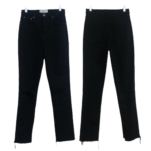 Reformation Denim - Reformation Audrey High Rise Straight Leg Distressed Raw Hem Black Denim Jean 25
